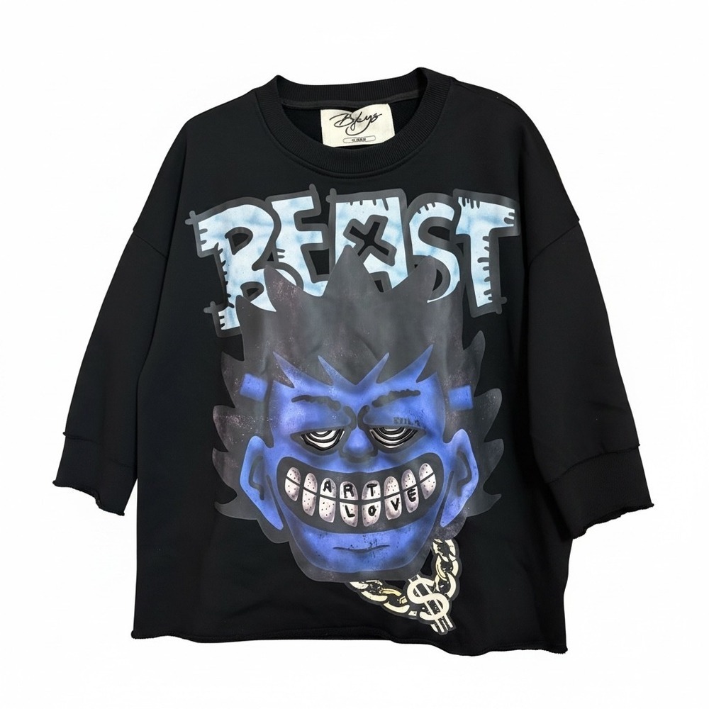 BKYS Sweatshirt Mens Large Black Beast Graphic Short Sleeve Streetwear Cotton